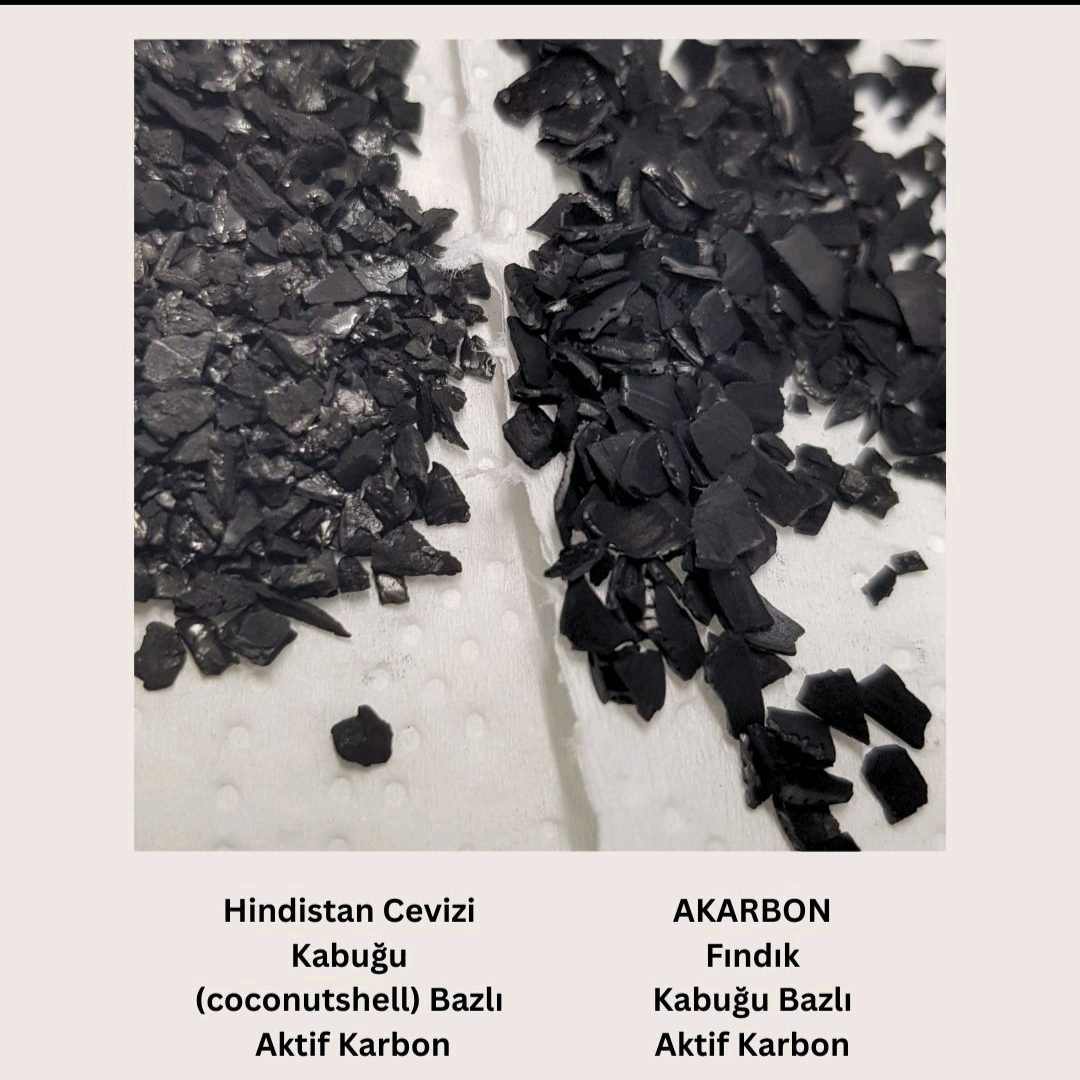 Hindistan cevizi bazlı ve Akarbon fındık kabuğu bazlı granül aktif karbon yan yana
